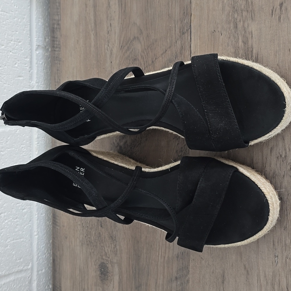 Eileen Fisher Women's Black Wanda Tumbled Nubuck Espadrille Wedge Sandal Size 9